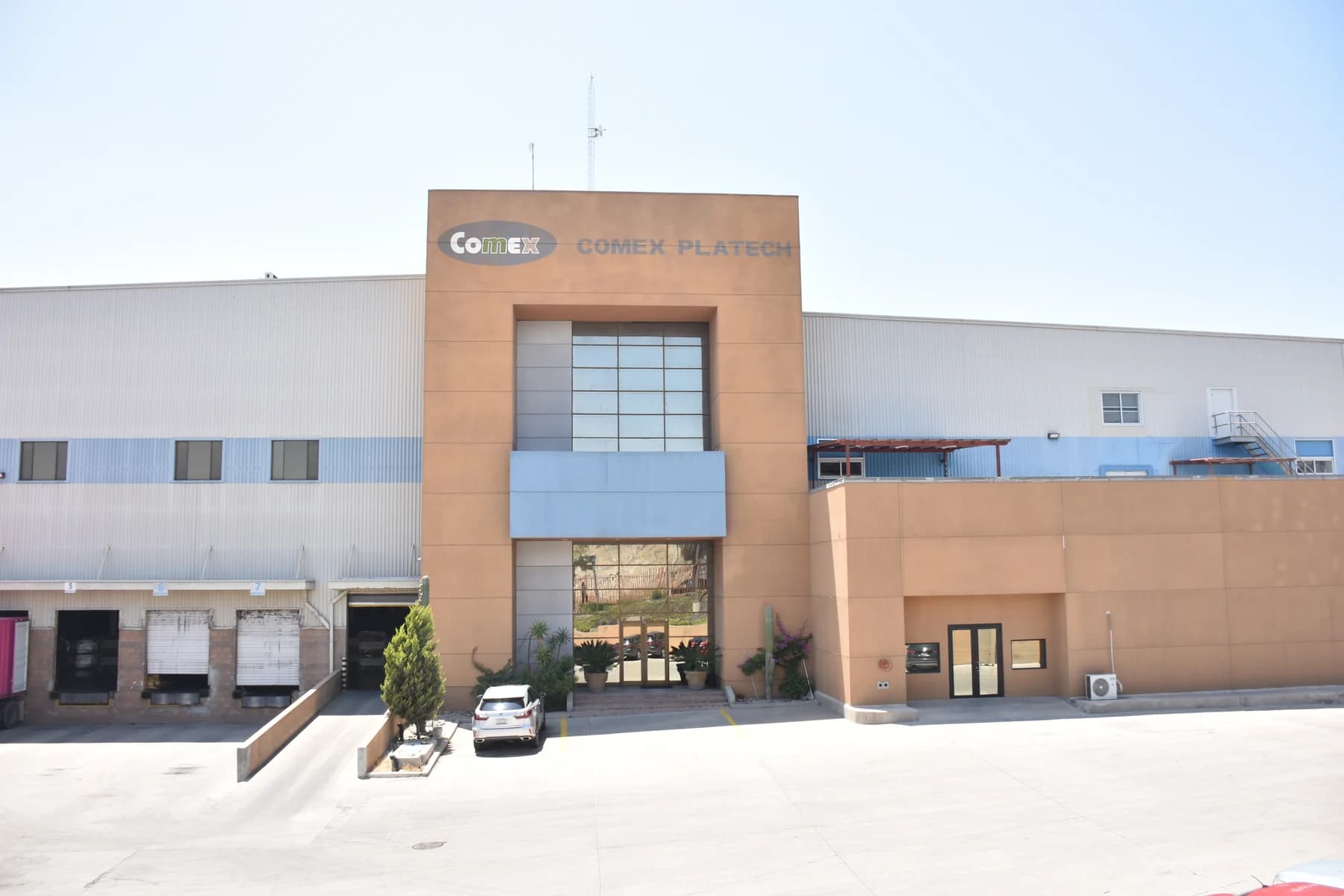 Exterior and entrance of the Comex Platech factory in Mexico