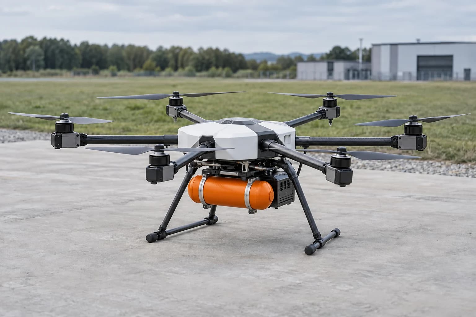 AI-generated image of an industrial drone with a compact hydrogen storage module at an outdoor test site