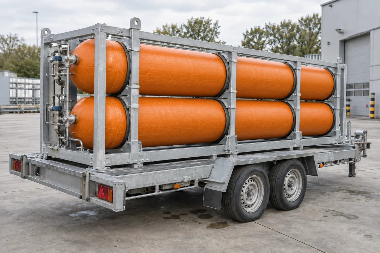 AI-generated image of mobile hydrogen storage vessels on a trailer at an industrial site