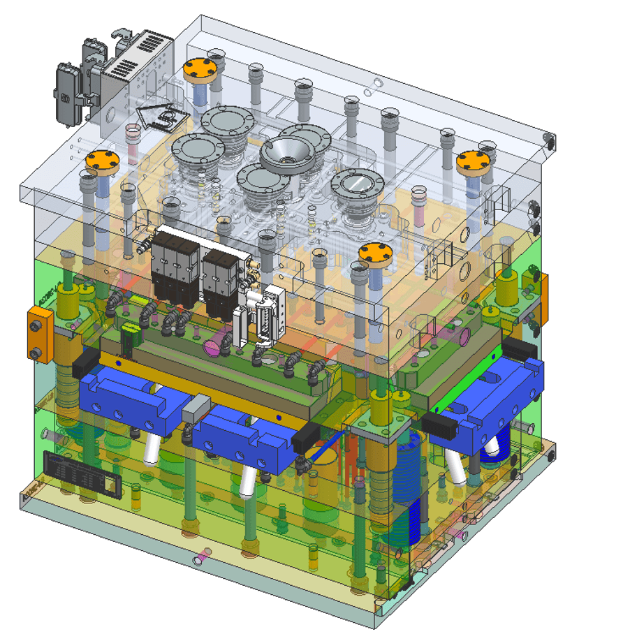 3D mold model with transparent upper and lower structures showing internal components