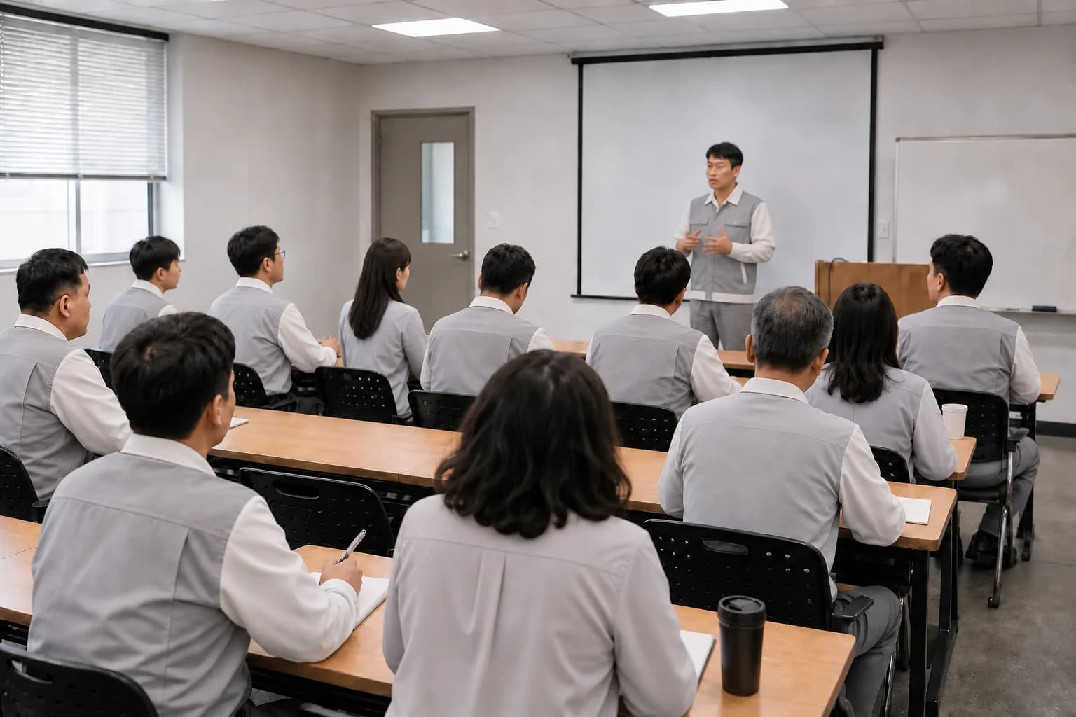 임직원들이 교육실에서 인권과 상호 존중에 관한 교육을 듣는 모습