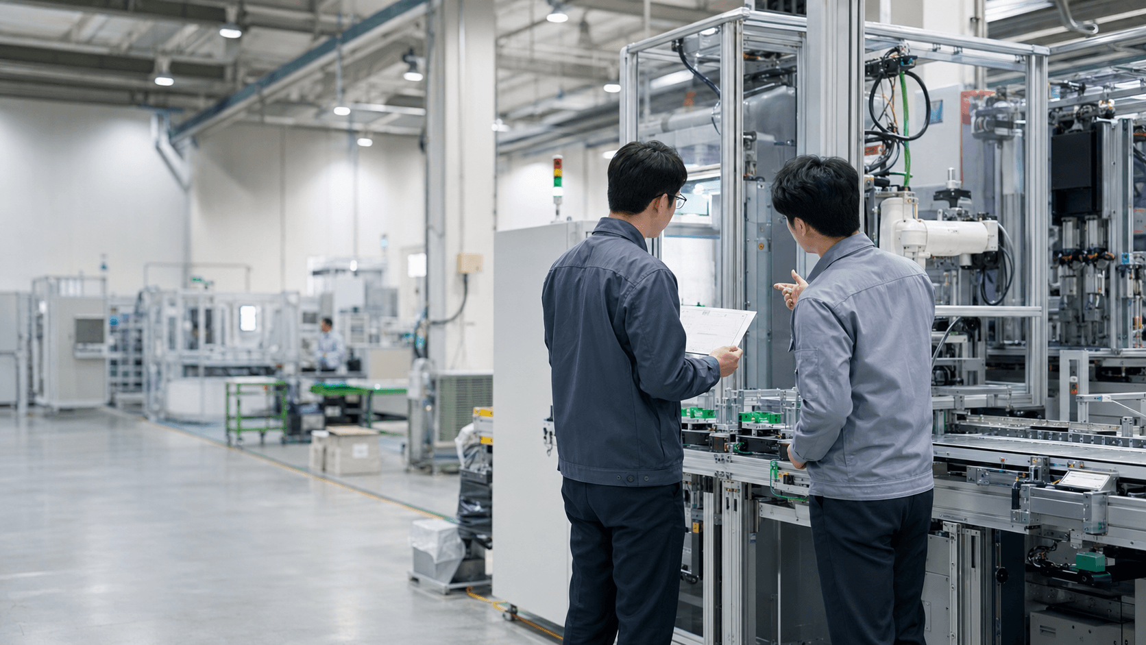 Engineers reviewing automation equipment